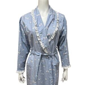 Vintage Lanz of Salzburg Flannel Cotton Robe Women's Small Blue White NWT